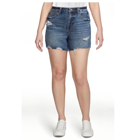 sz:5 - No Boundaries High Rise Destructed Dark Wash Midi Shorts - Picture 3 of 8